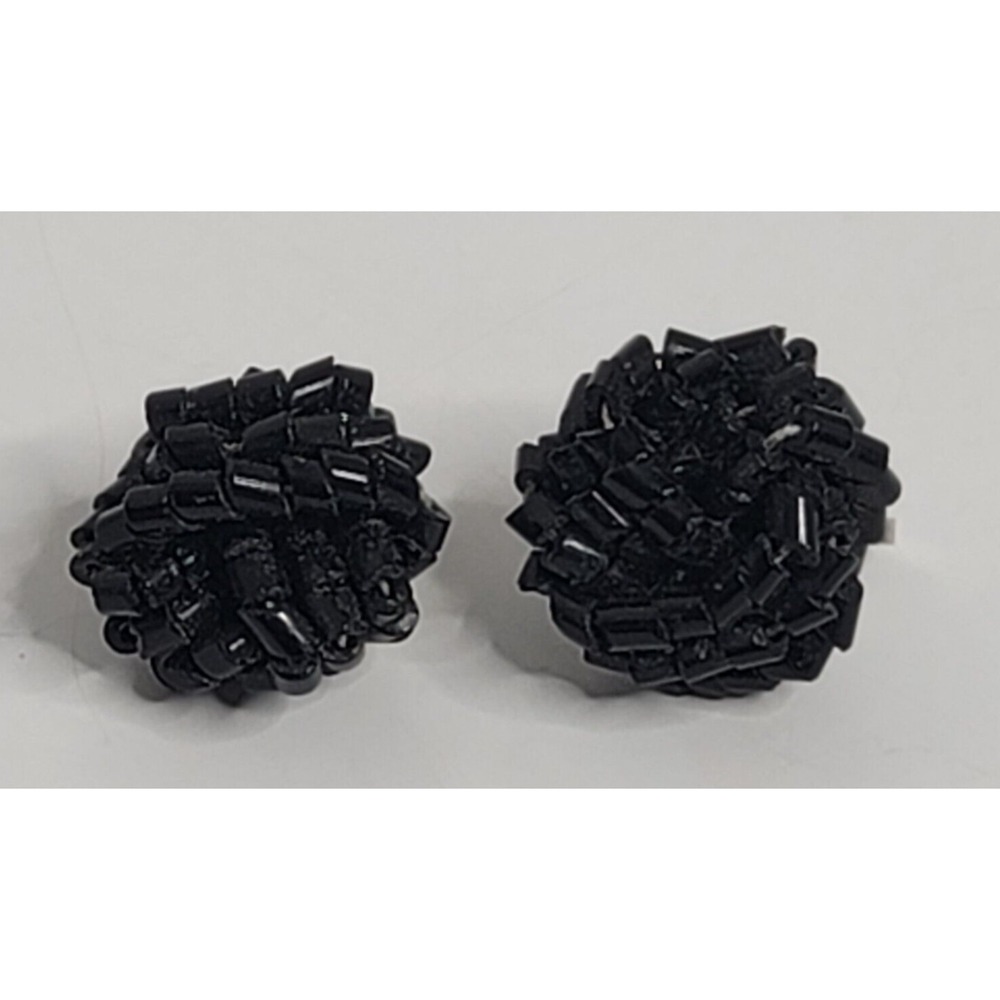 Swirl Knot Rose Black Beaded Clip On Earrings Jewelry Vintage Flower